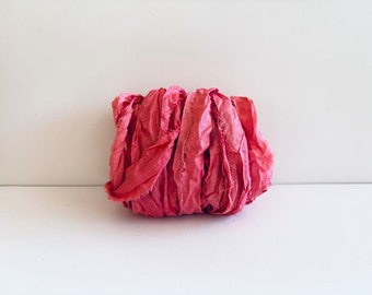 Sari Silk Ribbon - Recycled Silk Sari Ribbon - Deep Rose Pink, 10 Yds Sari Fabric Ribbon