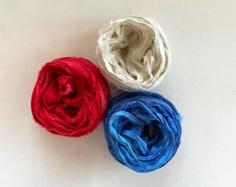 Recycled Sari Silk Ribbon - Sari Silk Ribbon - Red, White & Blue, 5 Yards Each, 15 Yards Total