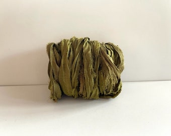 Recycled Silk Sari Ribbon - Sari Silk Ribbon - Olive Green, 10 Yards