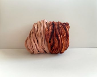 Sari Silk Ribbon - Recycled Sari Ribbon Scraps - Peach & Rust, 5 Yds Each, 10 Yds Fiber Art Ribbon