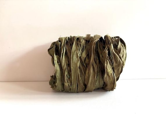 Recycled Silk Sari Ribbon - Sari Silk Ribbon - Olive Green, 10 Yards