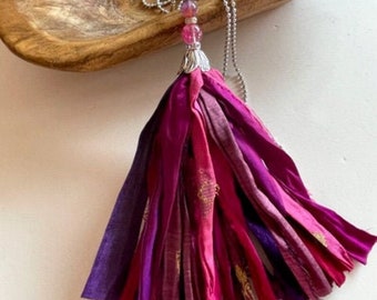 Sari Silk Tassel Necklace - Pink Magenta Mix Tassel - Recycled Sari Silk Tassel