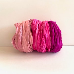 Sari Silk Ribbon Recycled Silk Sari Ribbon Pink Ombre, Hot Pink, Dark Pink, 5 Yds Each, 15 Yds Total image 2