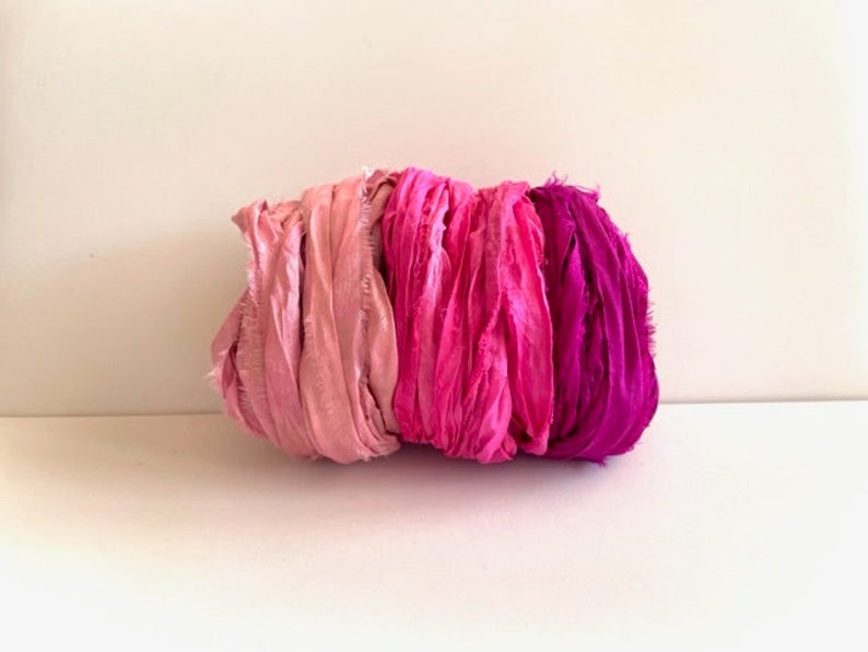 Sari Silk Ribbon Recycled Silk Sari Ribbon Pink Ombre, Hot Pink, Dark Pink, 5 Yds Each, 15 Yds Total image 2