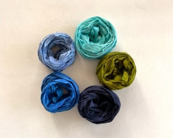 5 Color Sari Silk Sampler - Recycled Silk Sari Ribbon - 5 Multi Ocean Colors, 2 Yds Each, 10 Yds Total