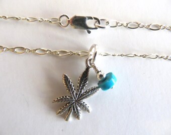 Cannabis Leaf Necklace - Sterling Silver Leaf Necklace With Turquoise - Gift For Smoker