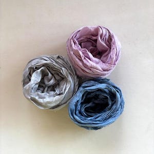 15 Yards Sari Silk Ribbon - Recycled Sari Silk Ribbon Yardage - Gray, Iris, Blue, 5 Yards Each