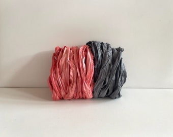 Silk Sari Ribbon - Recycled Sari Silk Ribbon - Salmon Pink & Charcoal, 5 Yards Each, 10 Yards Total