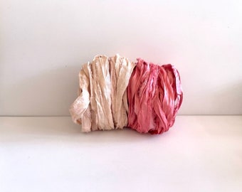 10 Yards Sari Silk Ribbon - Recycled Sari Silk Ribbon - Buff & Salmon, 5 Yards Each Color