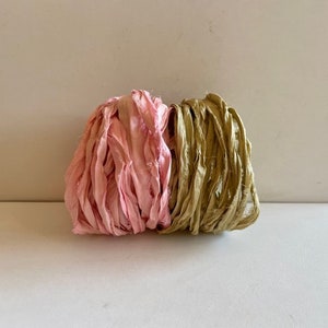 Silk Sari Ribbon Recycled Sari Silk Ribbon Khaki & Pink, 5 Yards Each, 10 Yards Total image 1