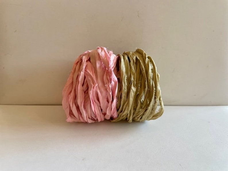 Silk Sari Ribbon Recycled Sari Silk Ribbon Khaki & Pink, 5 Yards Each, 10 Yards Total image 1