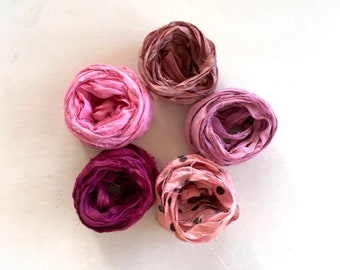 5 Color Sari Silk Sampler - Recycled Silk Sari Ribbon - 5 Multi Shades of Pink, 2 Yds Each, 10 Yds Total