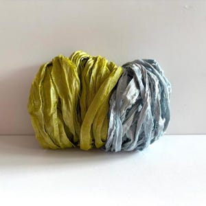 10 Yds Recycled Sari Silk Ribbon - Sari Silk Ribbon Yardage - Light Blue & Bright Olive, 5 Yds Each, Sari Silk Fiber