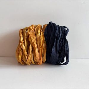 10 Yards Sari Silk Ribbon - Recycled Sari Silk Ribbon - Gold and Black, 5 Yards Each Color