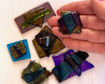 Fused Glass Pieces - (6) Dichroic Glass Pieces - Fused Art Glass Embellishments - Mixed Media Ephemera