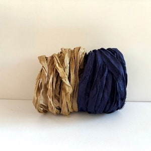 10 Yards Sari Silk Ribbon - Recycled Sari Silk Ribbon - Khaki & Navy, 5 Yards Each Color
