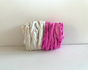 10 Yards Sari Silk Ribbon - Recycled Sari Silk Ribbon - Antique White and Hot Pink, 5 Yards Each Color