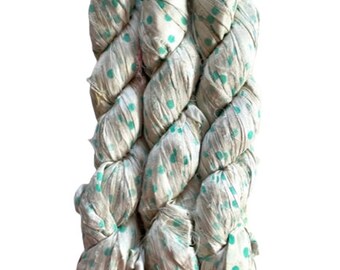 100 Gram Recycled Sari Silk Ribbon -  Sari Silk Ribbon Skein - Mint Dot, 40-50 Yards Dotted Silk Ribbon