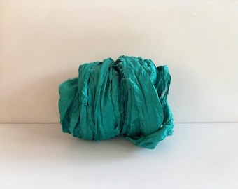Sari Silk Ribbon - Recycled Sari Ribbon Yardage - Teal, 10 Yards Mixed Media Ribbon
