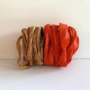 10 Yards Sari Silk Ribbon - Recycled Sari Silk Ribbon - Dark Gold & Burnt Orange, 5 Yards Each Color