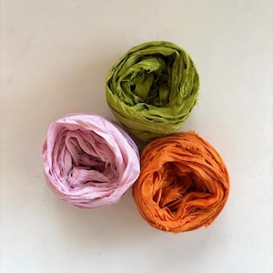 Recycled Sari Seidenband - Pink, Hell Olive, Mandarine Band - 5 Meter pro Stück, 15 Meter insgesamt