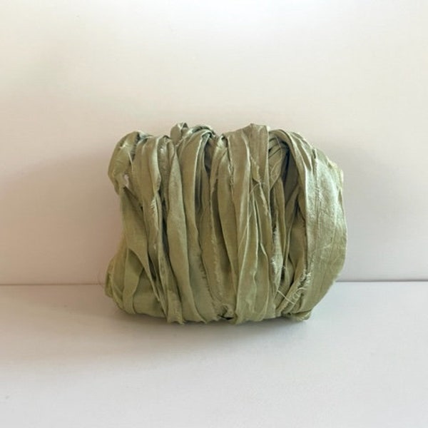 Recycled Silk Sari Ribbon - Sage Green Sari Silk - 10 Yds Journaling Ribbon