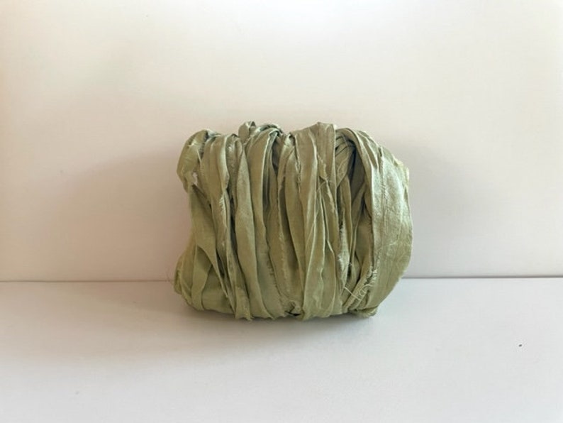 Recycled Silk Sari Ribbon Sage Green Sari Silk 10 Yds Journaling Ribbon image 1