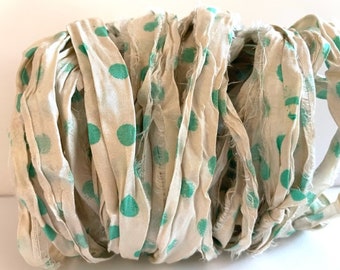 Recycled Sari Silk Ribbon - Silk Sari Ribbon - Antique White With Mint Dots, 10 Yards