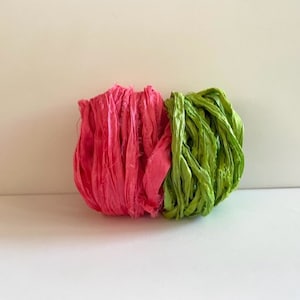 Silk Sari Ribbon - Recycled Sari Silk Ribbon - Salmon Pink & Leaf Green, 5 Yards Each, 10 Yards Total