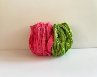 Silk Sari Ribbon - Recycled Sari Silk Ribbon - Salmon Pink & Leaf Green, 5 Yards Each, 10 Yards Total