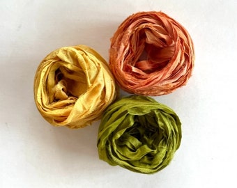 Recycled Sari Silk Ribbon - Sari Silk Ribbon Yardage - Goldenrod, Terra Cotta & Bright Olive, 5 Yds Each, 15 Yds Total