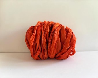 Silk Sari Ribbon - Recycled Sari Silk Ribbon - Burnt Orange, 10 Yards Sari Ribbon