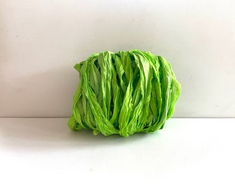 Silk Sari Ribbon - Recycled Sari Silk Ribbon -Bright  Lime Green, 10 Yards Weaving Ribbon