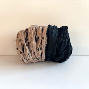 10 Yards Sari Silk Ribbon - Recycled Silk  Sari Ribbon - Mushroom Dot & Black, 5 Yards Each