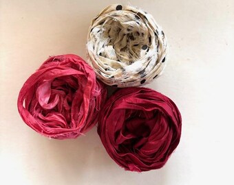 Recycled Sari Silk Ribbon - Sari Silk Ribbon - Watermelon, Dot, Dark Red -  5 Yards Each, 15 Yards Total
