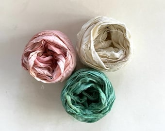 Recycled Sari Silk Ribbon -  Sari Silk Ribbon Yardage - Buff, Antique White, Light Teal, 5 Yds Each, 15 Yds Total