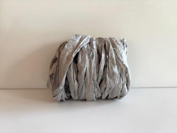 Recycled Sari Silk Ribbon - Silk Sari Ribbon - Gray Sari Silk, 10 Yards Mixed Media Ribbon