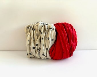 10 Yards Silk Sari Ribbon - Recycled Sari Silk Ribbon - Red & Polka Dot, 5 Yards Each Color