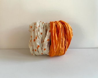 Sari Silk Ribbon Yardage - Recycled Sari Silk Ribbon - Cream With Orange Dots & Orange, 5 Yds Each, 10 Yds Total