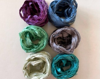 18 Yds Silk Sari Ribbon, Recycled Sari Ribbon Yardage, 6 Color Pack, 3 Yds Each Journaling Ribbon