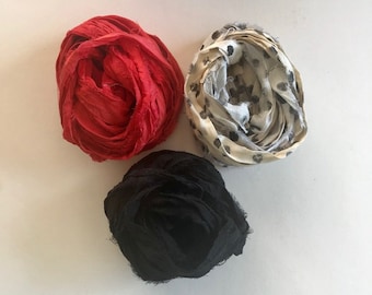 Silk Sari Ribbon - Recycled Sari Ribbon - Red, Dot & Black, 5 Yards Each, 15 Yds Total