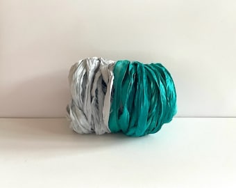 Silk Sari Ribbon - Recycled Sari Silk Ribbon - Gray & Teal, 5 Yards Each, 10 Yards Total
