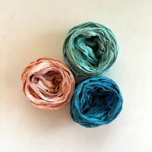Sari Silk Ribbon Yardage - Recycled Sari Silk Ribbon - Peach, Light Teal & Blue, 5 Yards Each, 15 Yards Total
