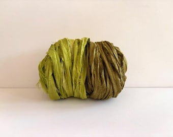 10 Yards Sari Silk Ribbon - Recycled Sari Silk Ribbon - Bright Olive & Olive, 5 Yards Each Color