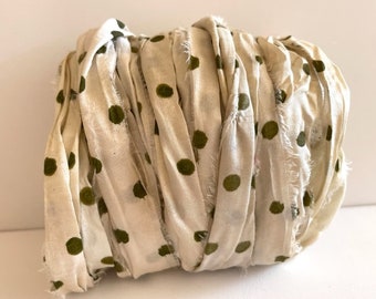 Recycled Sari Silk Ribbon - Silk Sari Ribbon - Antique White With Olive Dots, 10 Yards