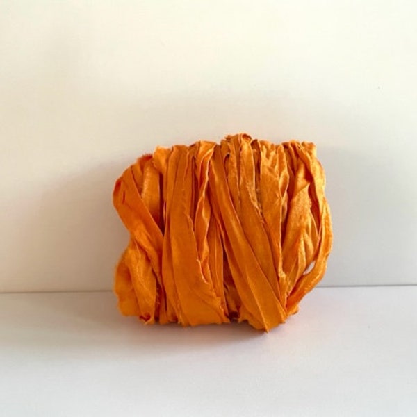 Silk Sari Ribbon - Recycled Sari Silk Ribbon - Tangerine Orange, 10 Yards Sari Ribbon