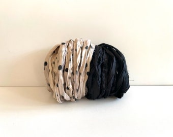 10 Yards Sari Silk Ribbon - Recycled Silk  Sari Ribbon - Sand Dot & Black, 5 Yards Each