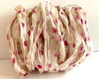 Recycled Sari Silk Ribbon - Silk Sari Ribbon - Antique White With Fuchsia Pink Dots, 10 Yards