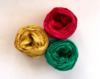 15 Yds Recycled Sari Silk Ribbon - Sari Silk Ribbon Yardage - Goldenrod, Red, Green, 5 Yds Each, Sari Silk Fiber
