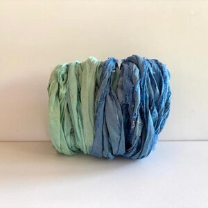 Sari Silk Ribbon - Recycled Sari Silk Ribbon - Seafoam & Blue, 5 Yds Each, 10 Yds Total, Weaving Ribbon